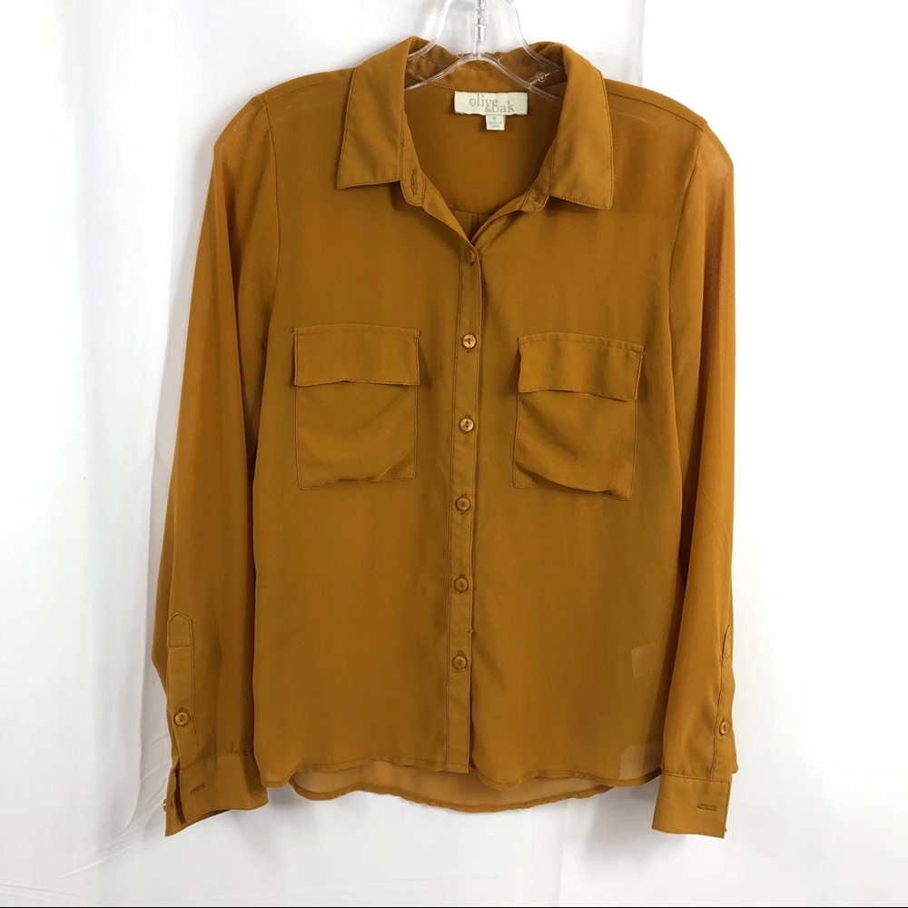 Olive & Oak Mustard Sheer Button Pocket Blouse S